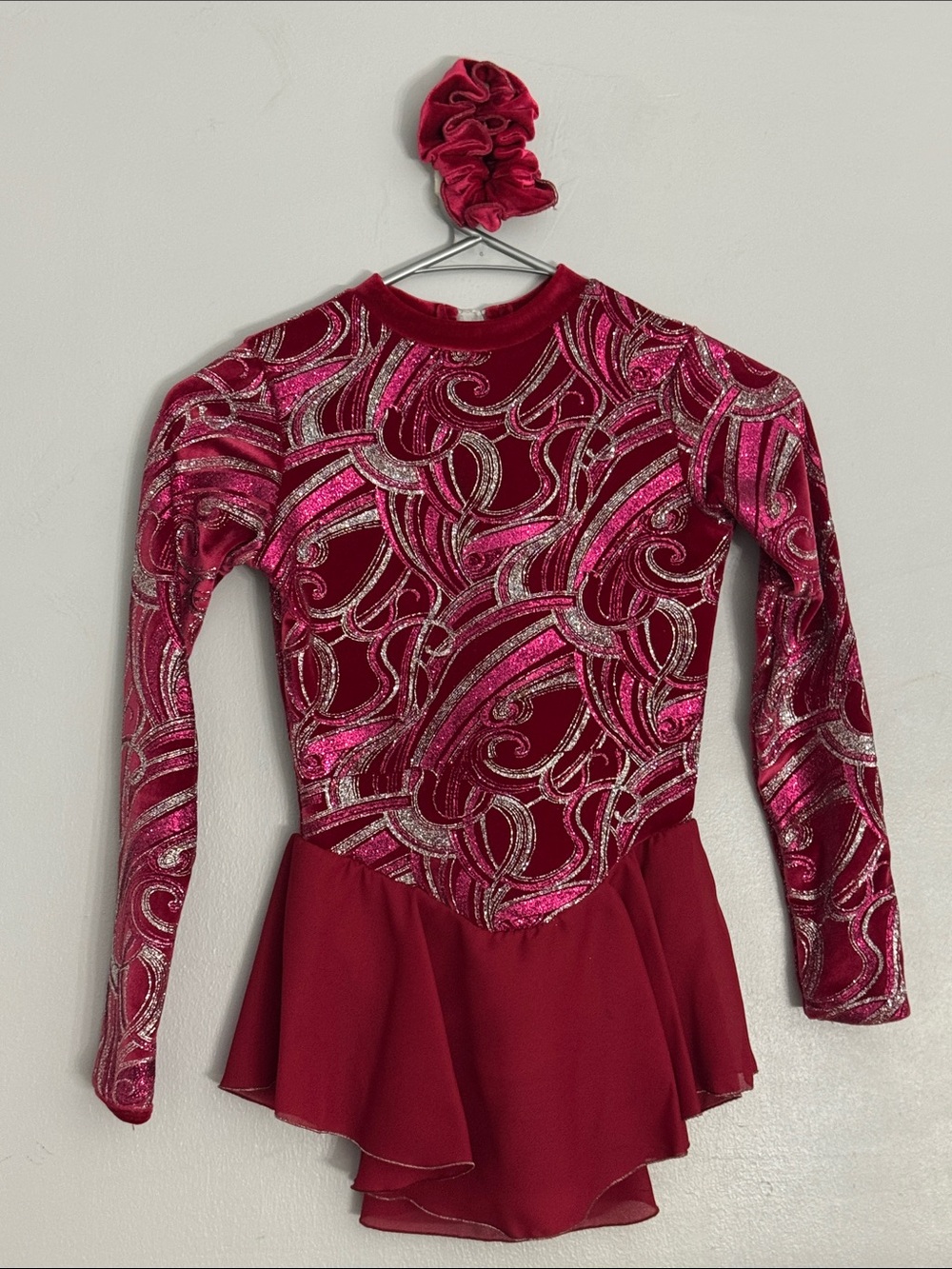 Girls' Maroon & Hot Pink Glitter Dance/Iceskating Leotard with Skirt